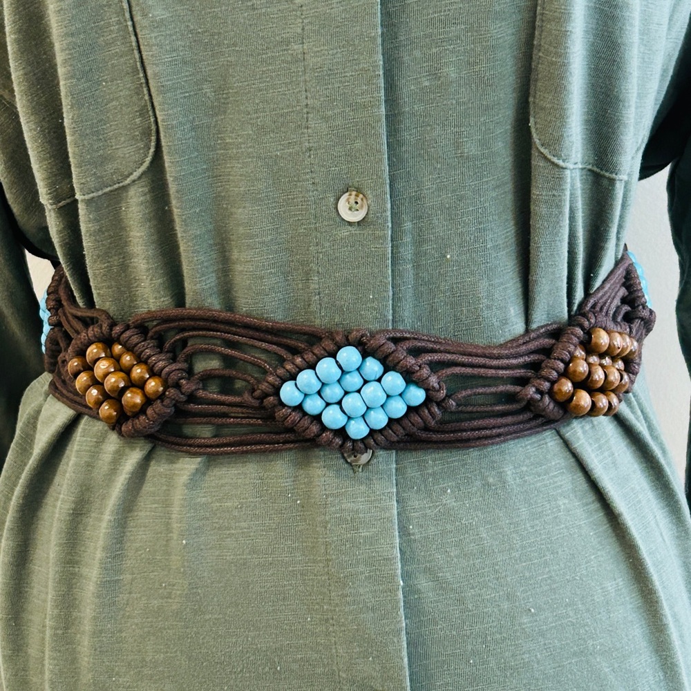 Vintage Macramé Waist Belt with Turquoise Bead Center